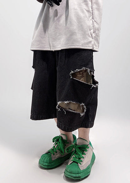 Black Pockets Oversized Denim Summer Men Shorts Elastic Waist