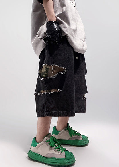 Black Pockets Oversized Denim Summer Men Shorts Elastic Waist