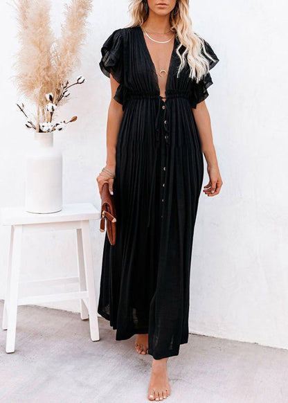 Black Ruffled Patchwork Solid Long Dress Summer