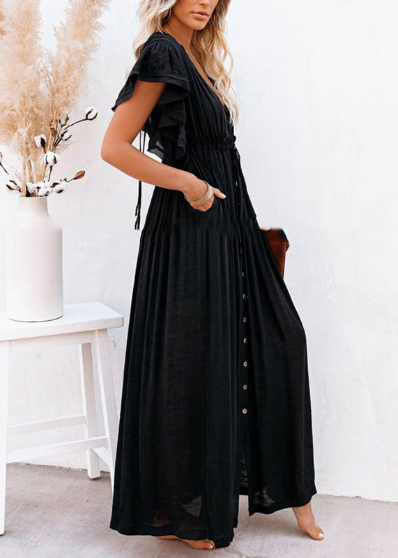 Black Ruffled Patchwork Solid Long Dress Summer