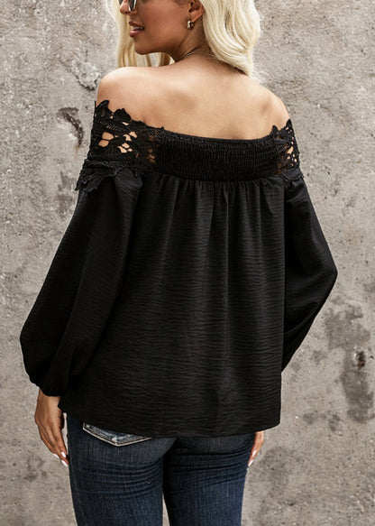 Shirt Black Sleeve Patchwork Neck Lantern Lace Slash