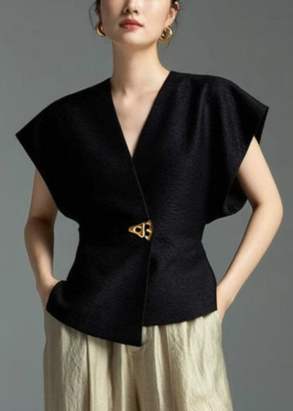 Black Solid Shirt Asymmetrical Sleeveless