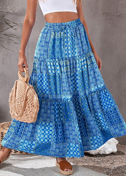 Summer Maxi Elastic Skirts Pockets Waist Blue