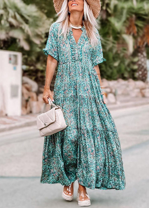 Dress Short Maxi Sleeve Ruffled Blue Patchwork