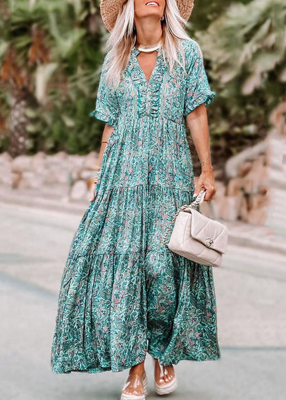 Dress Short Maxi Sleeve Ruffled Blue Patchwork