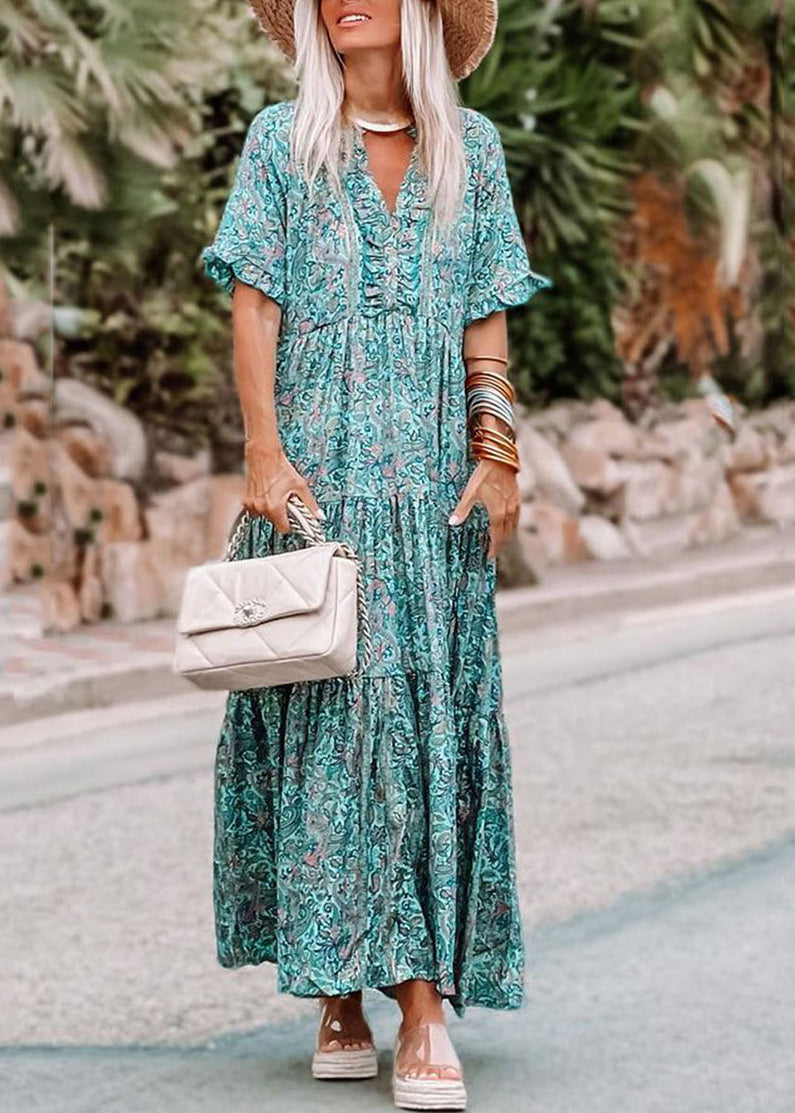 Dress Short Maxi Sleeve Ruffled Blue Patchwork