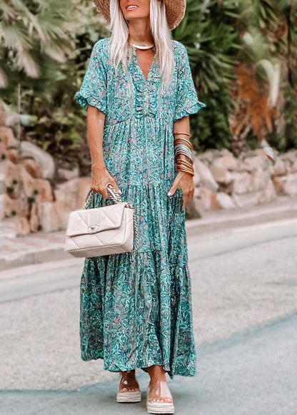 Dress Short Maxi Sleeve Ruffled Blue Patchwork