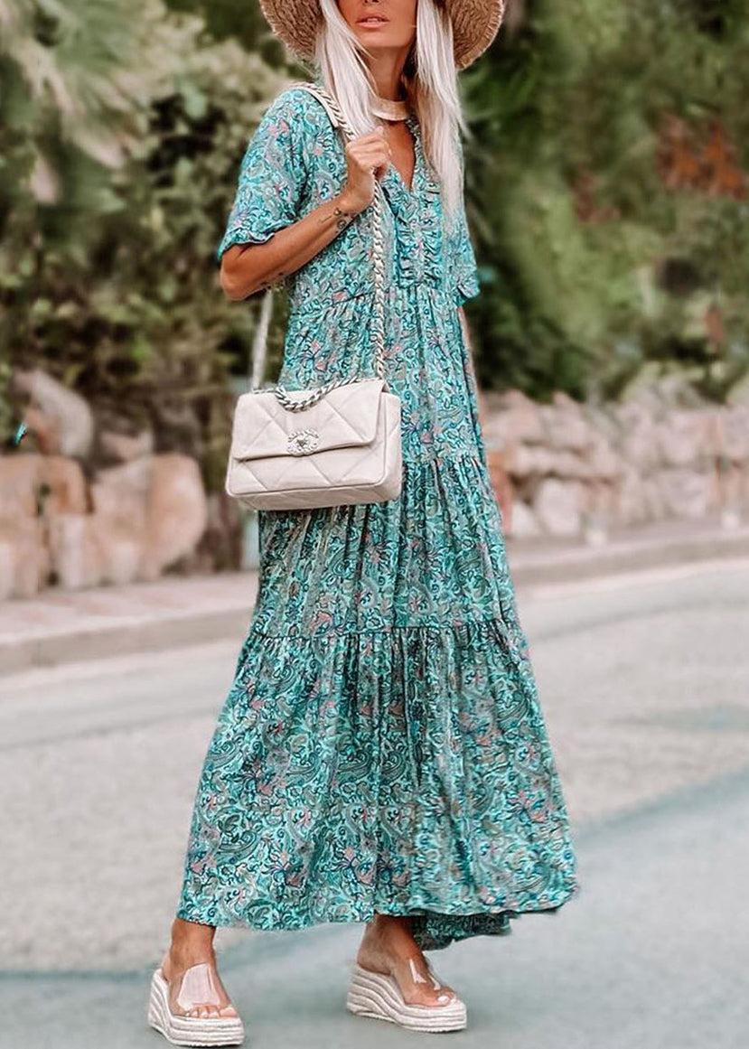 Dress Short Maxi Sleeve Ruffled Blue Patchwork