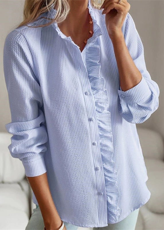 Ruffled Shirt Blue Patchwork Puff Sleeve Solid
