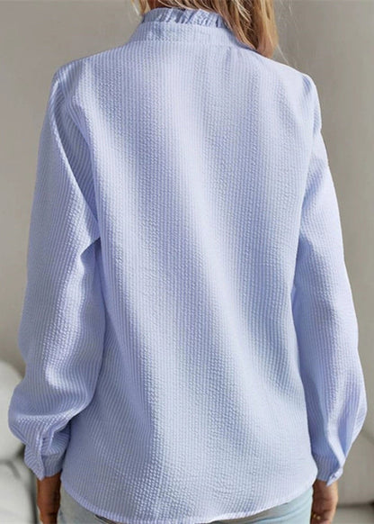 Ruffled Shirt Blue Patchwork Puff Sleeve Solid