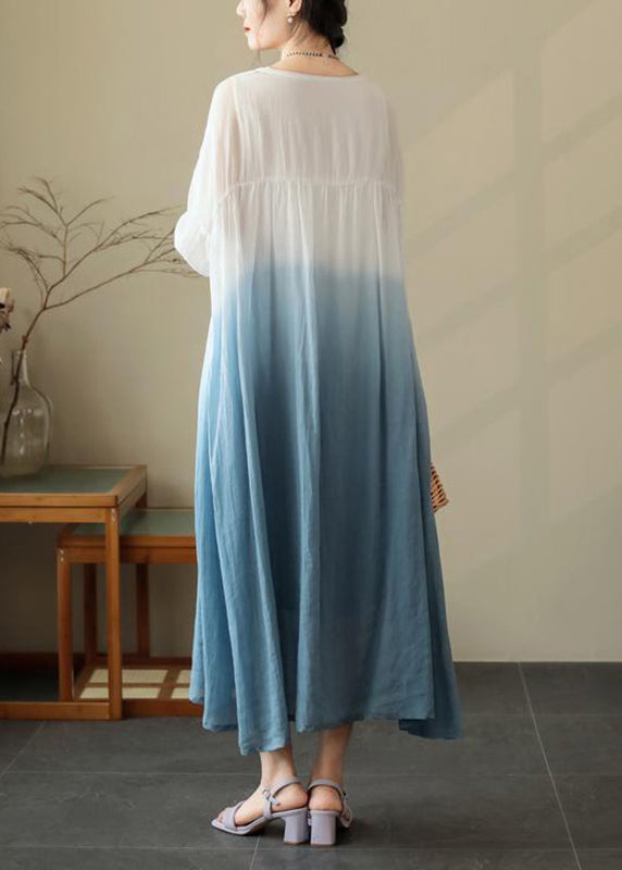 Blue Wrinkled Cotton Dresses O Neck Summer