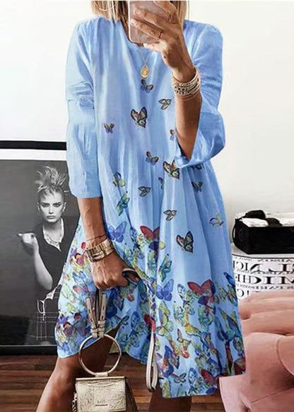 Bohemian Blue O Neck Butterfly Print Cotton Mid Dress Summer