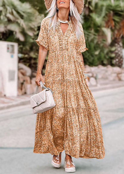 Bohemian Green Short Print Dress V Long Neck Sleev