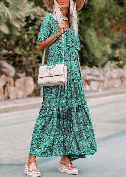 Bohemian Green Short Print Dress V Long Neck Sleev