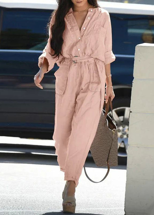 Bohemian Pink Peter Pan Collar Pockets Tunic Jumpsuit Fall