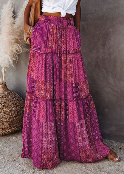 Ruffled Skirt Bohemian A Patchwork Line Purple Print