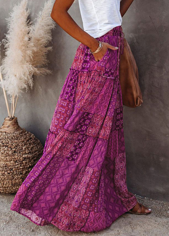 Ruffled Skirt Bohemian A Patchwork Line Purple Print