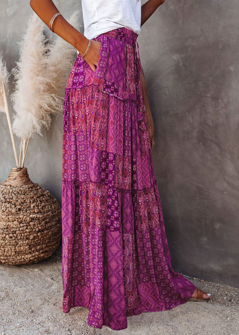 Ruffled Skirt Bohemian A Patchwork Line Purple Print