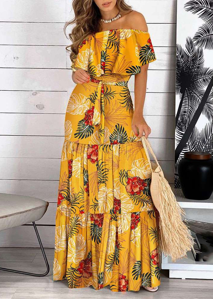 Cold Sleeve Maxi Bohemian Dress Short Print Yellow Wrinkled Shoulder