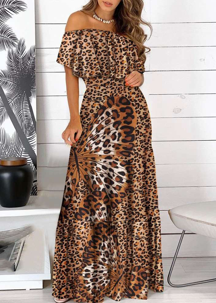 Cold Sleeve Maxi Bohemian Dress Short Print Yellow Wrinkled Shoulder