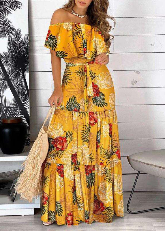 Cold Sleeve Maxi Bohemian Dress Short Print Yellow Wrinkled Shoulder