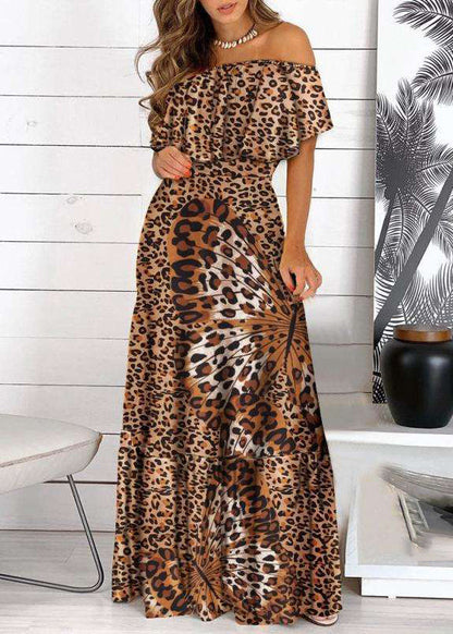 Cold Sleeve Maxi Bohemian Dress Short Print Yellow Wrinkled Shoulder
