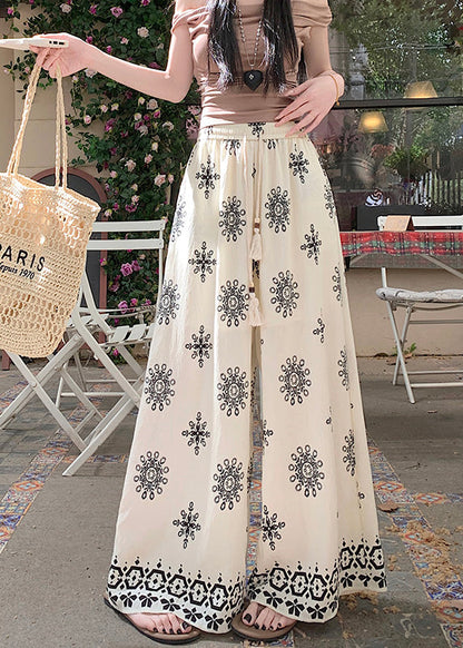 Boho Apricot Print Elastic Waist Cotton Wide Leg Pants Summer