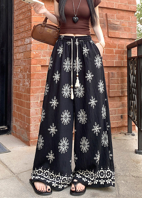 Boho Apricot Print Elastic Waist Cotton Wide Leg Pants Summer