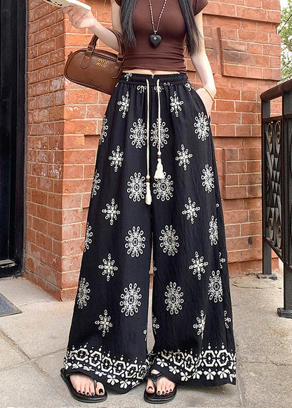 Boho Apricot Print Elastic Waist Cotton Wide Leg Pants Summer