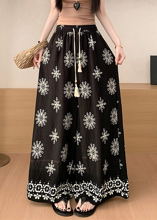Boho Apricot Print Elastic Waist Cotton Wide Leg Pants Summer
