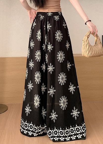 Boho Apricot Print Elastic Waist Cotton Wide Leg Pants Summer
