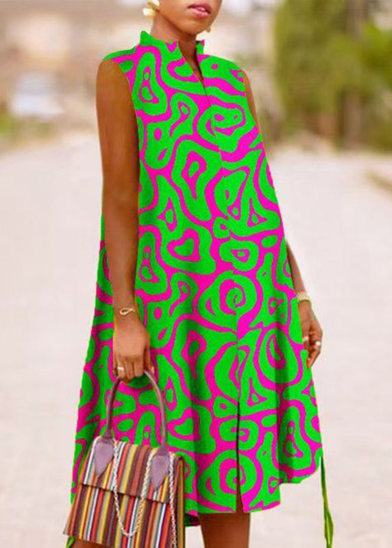 Green Dresses Collar Boho Maxi Stand Print Summer