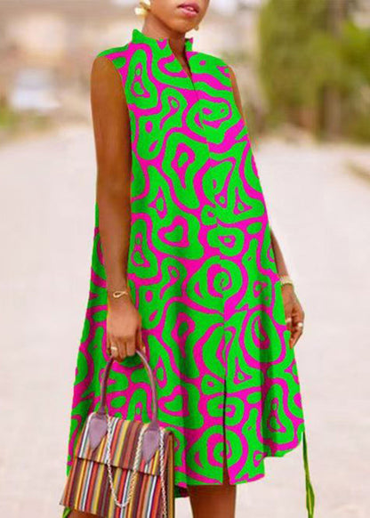 Green Dresses Collar Boho Maxi Stand Print Summer