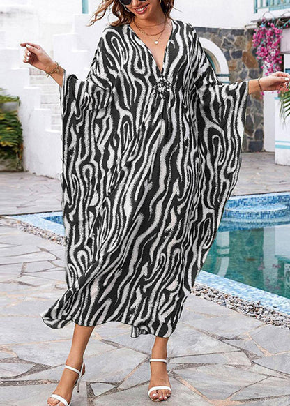 Boho Grey V Neck Print Side Open Maxi Dresses Fall