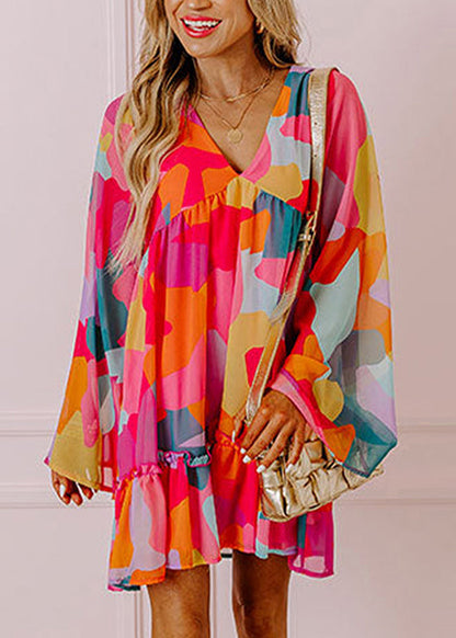 Boho Red Fall Print Chiffon Dresses Wrinkled Mid