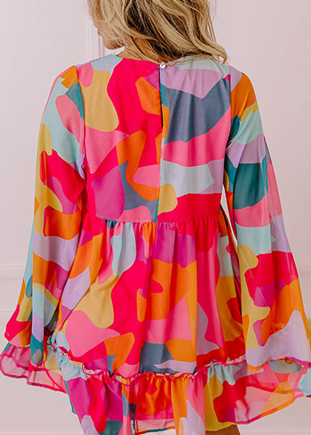 Boho Red Fall Print Chiffon Dresses Wrinkled Mid