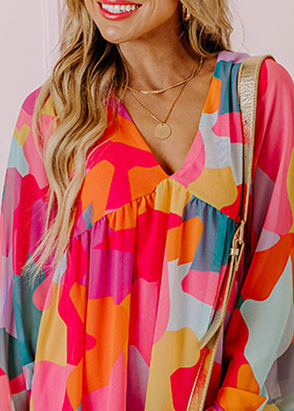 Boho Red Fall Print Chiffon Dresses Wrinkled Mid