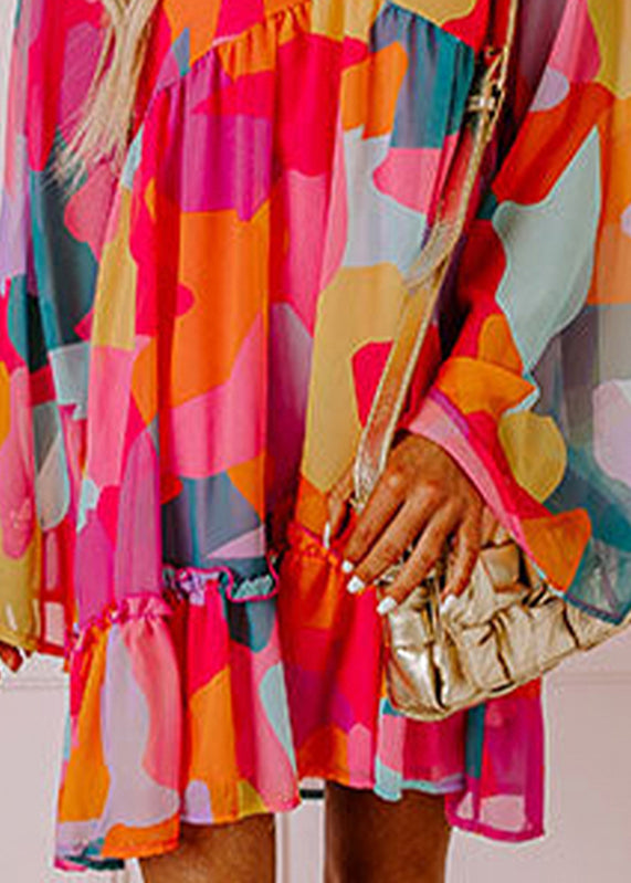 Boho Red Fall Print Chiffon Dresses Wrinkled Mid