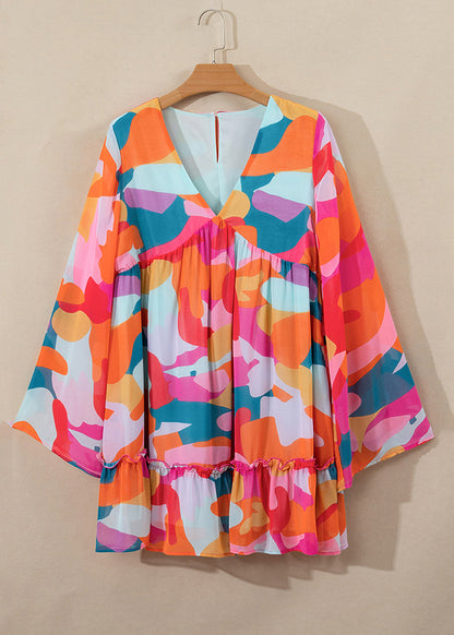 Boho Red Fall Print Chiffon Dresses Wrinkled Mid