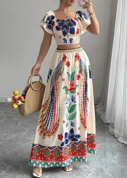 Maxi Collar Top And Skirts Two Piece Set Summer Boho Print Square