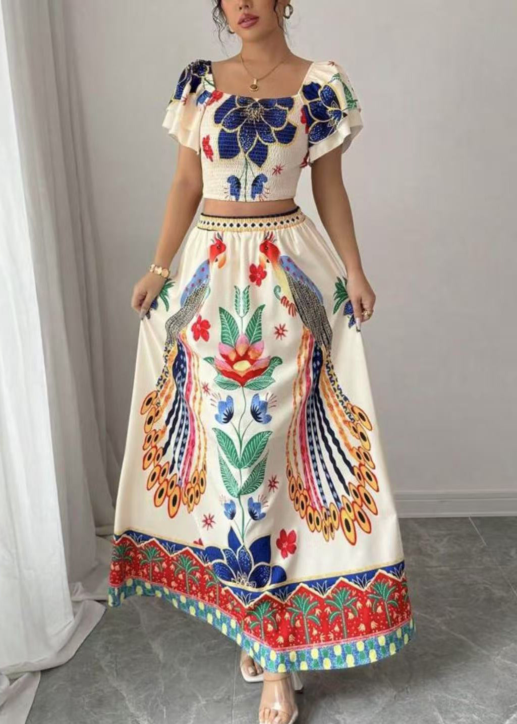 Maxi Collar Top And Skirts Two Piece Set Summer Boho Print Square