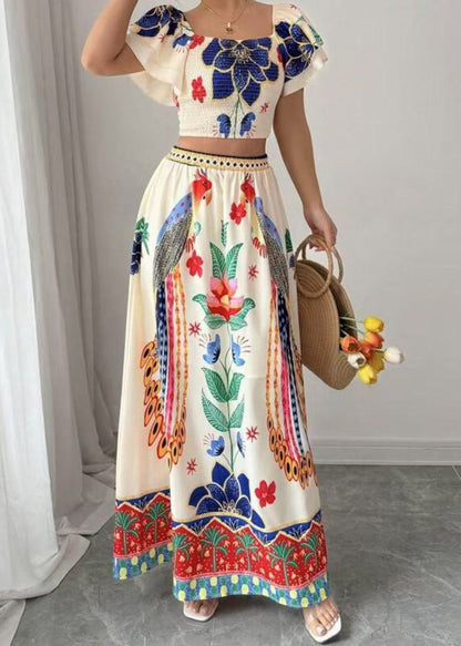 Maxi Collar Top And Skirts Two Piece Set Summer Boho Print Square