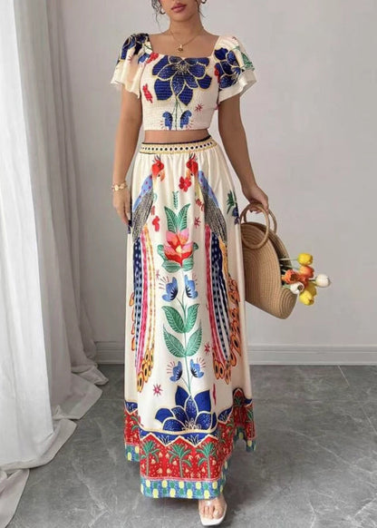 Maxi Collar Top And Skirts Two Piece Set Summer Boho Print Square