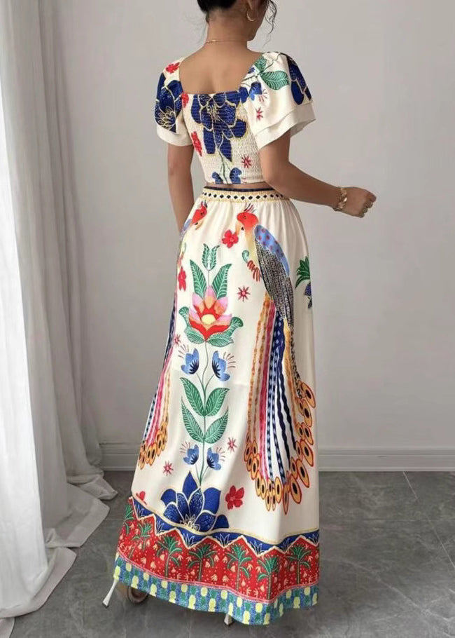 Maxi Collar Top And Skirts Two Piece Set Summer Boho Print Square