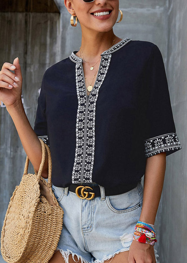 Short Neck Boutique Top Patchwork Black Sleeve V