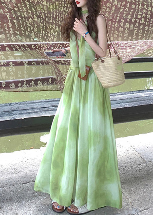 V Boutique Tie Vacation Sleeveless Neck Dye Chiffon Green Maxi Dresses