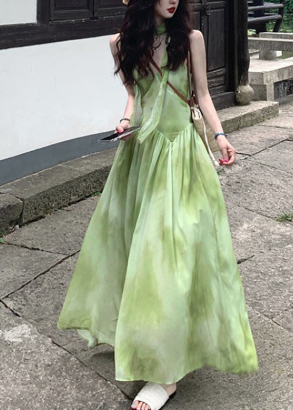 V Boutique Tie Vacation Sleeveless Neck Dye Chiffon Green Maxi Dresses