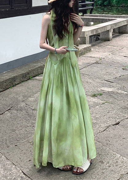 V Boutique Tie Vacation Sleeveless Neck Dye Chiffon Green Maxi Dresses