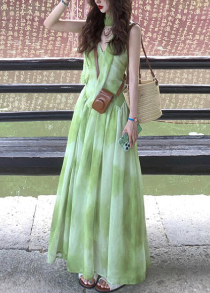 V Boutique Tie Vacation Sleeveless Neck Dye Chiffon Green Maxi Dresses