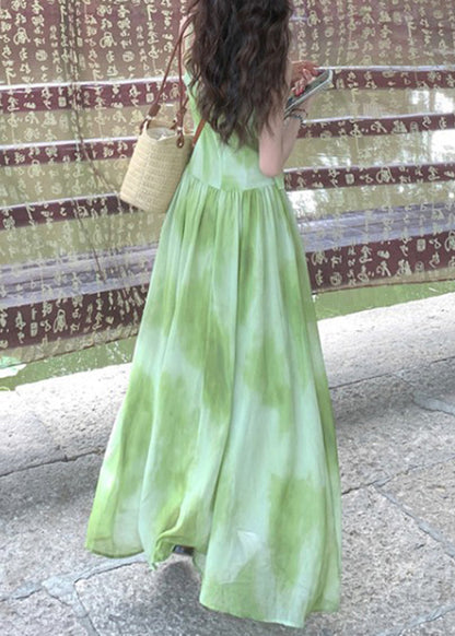 V Boutique Tie Vacation Sleeveless Neck Dye Chiffon Green Maxi Dresses